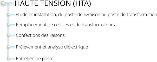 Etude et installation, du poste de livraison au poste de transformation  HAUTE TENSION (HTA) Remplacement de cellules et de transformateurs  Confections des liaisons  Prélèvement et analyse diélectrique  Entretien de poste